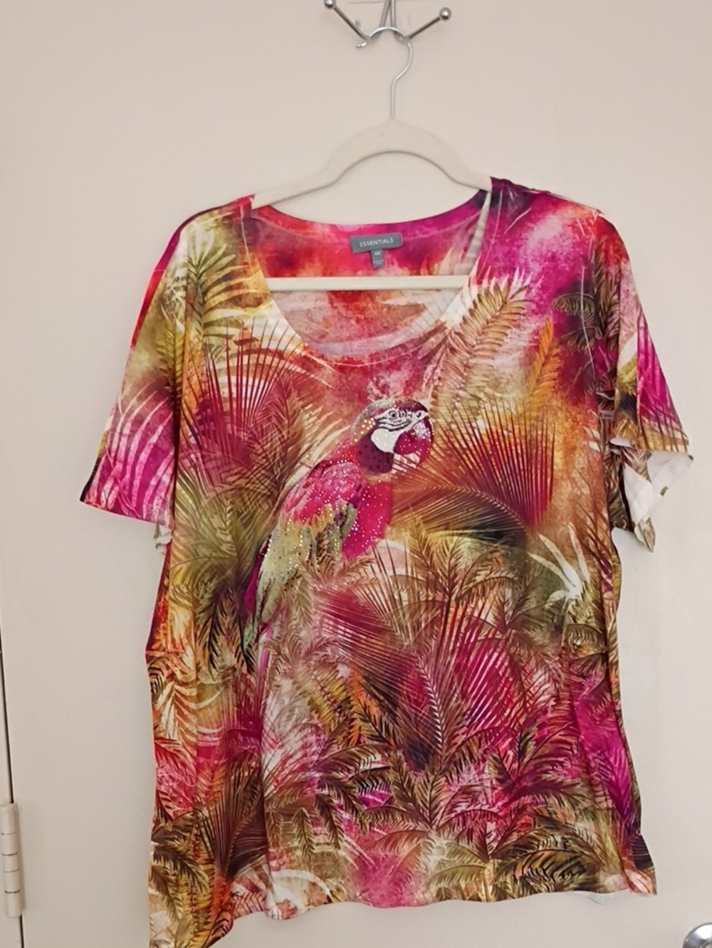Essentials Pink Multi Tropical Parrot Short Sleeve Top